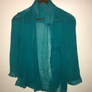 Teal button up sheer shirt